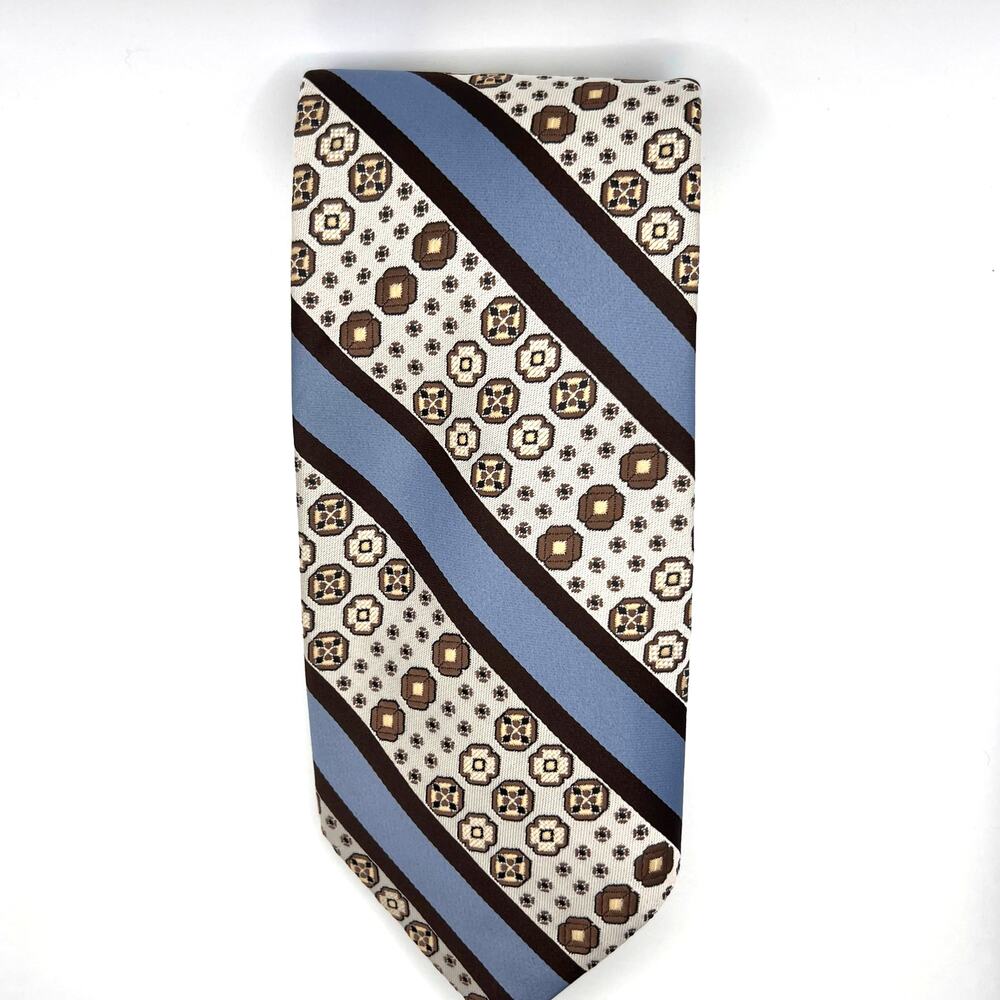 Tergal Imported Originals Mens Tie 54" Long - Blue Brown Floral -Stripe Poly